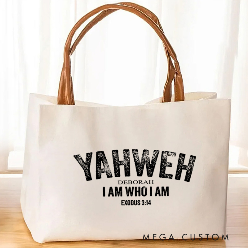 Personalized Yahweh I Am Who I Am Large Canvas Tote Bag with Name and Leather Handle Travel Accessories Religious Ceremonies Gift for Women Christian