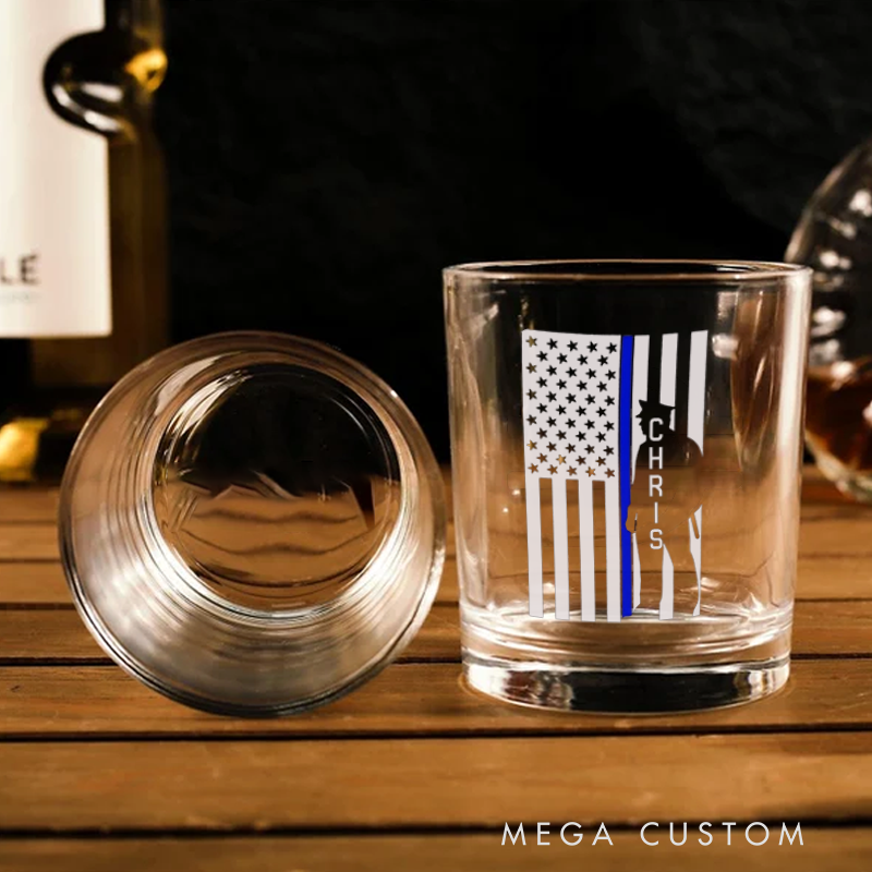 Personalized Policeman Whiskey Glass Thin Blue Line American Flag Design Gift for Police Officer