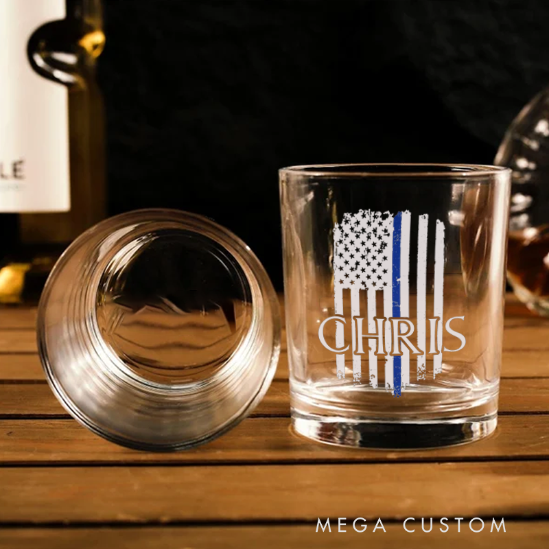 Personalized Policeman Whiskey Glass Thin Blue Line Flag with Name Design Gift for Police Officer