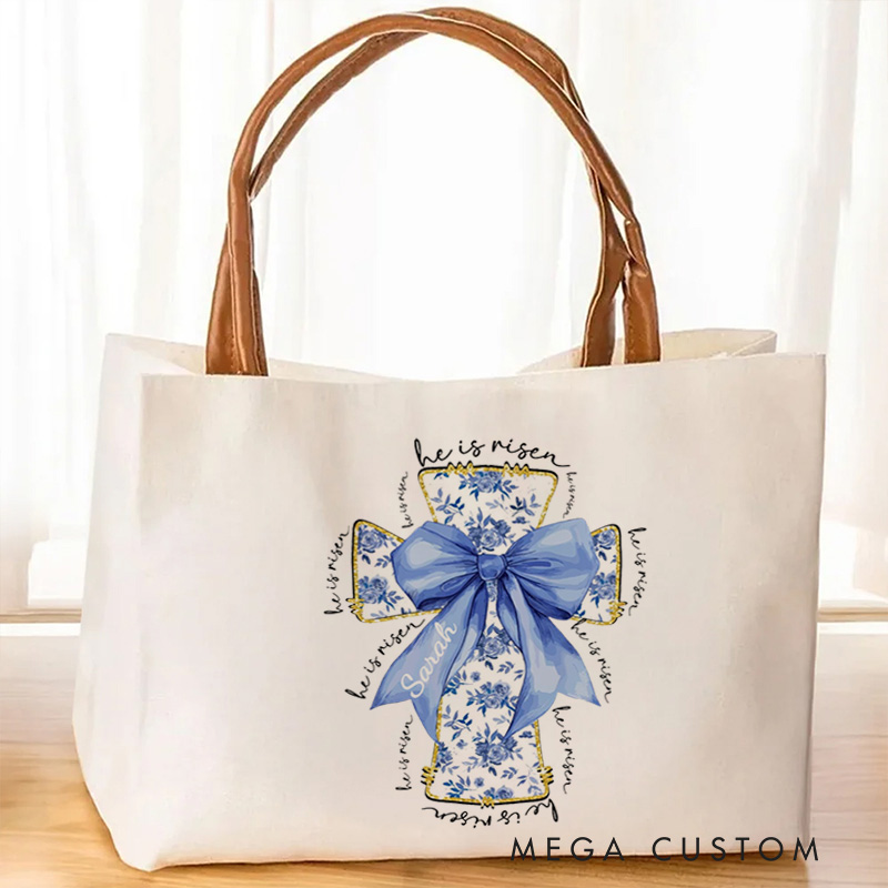 Personalized He Is Risen Bible Verse Canvas Tote Bag with Name and Leather Handle Travel Accessories Religious Ceremonies Gift for Women Christian