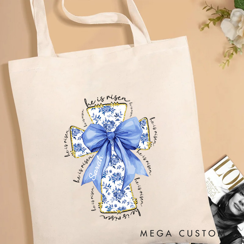 Personalized He Is Risen Bible Verse Canvas Tote Bag with Custom Name Christians Gift Birthday Gift Christian Travel Gift for Jesus Lover