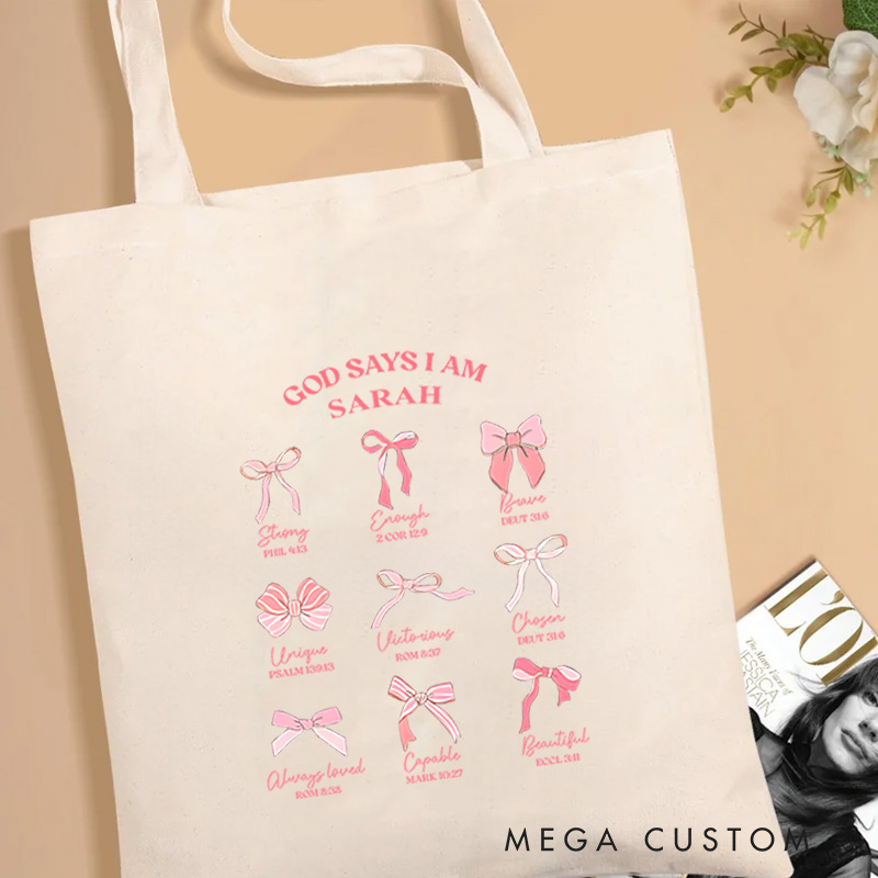 Personalized God Says I Am Classic Bible Verse Canvas Tote Bag with Name Christmas Gift for Women Positive Affirmation Religious Gift for Christian