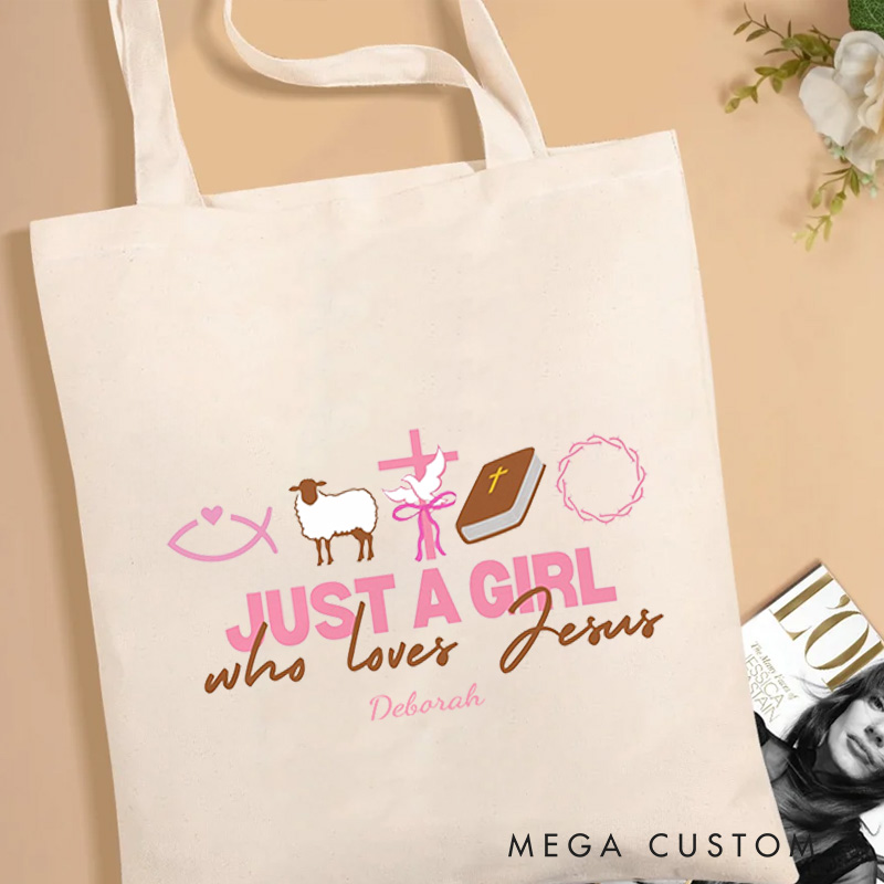 Personalized Just a Girl Who Loves Jesus Canvas Tote Bag with Name Christmas Gift for Women Positive Affirmation Religious Gift for Christian