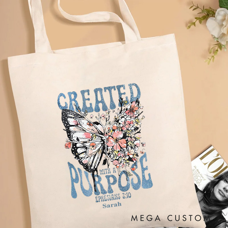 Personalized Created With a Purpose Bible Verse Canvas Tote Bag with Name Christmas Gift for Women Positive Affirmation Religious Gift for Christian