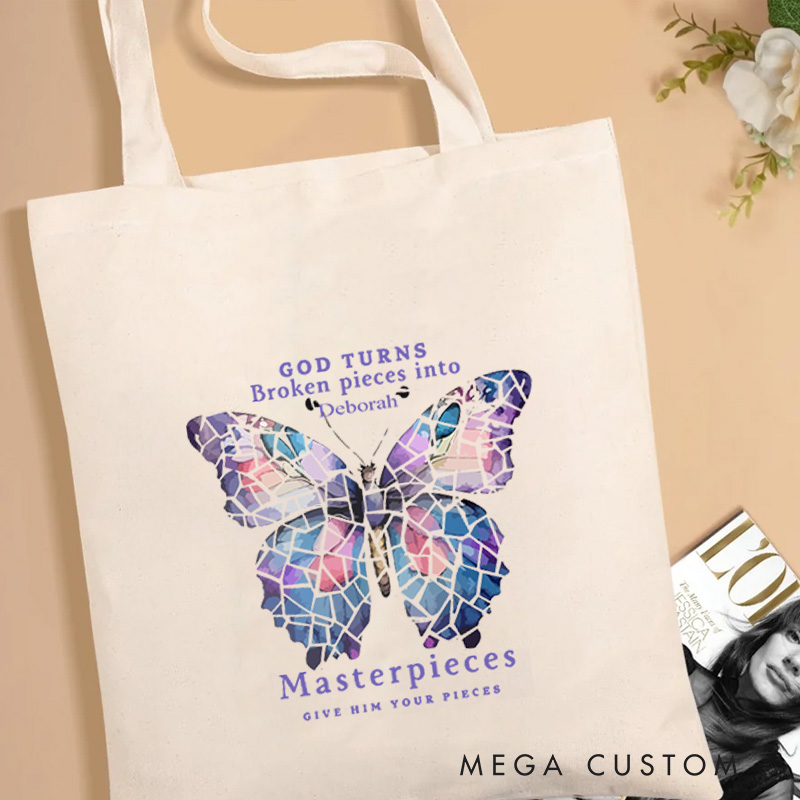 Personalized God Turns Broken Pieces Into Canvas Tote Bag with Custom Name Christians Gift Birthday Gift Christian Travel Gift for Jesus Lover 