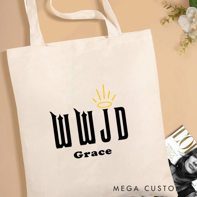 Personalized What Would Jesus Do Bible Verse Canvas Tote Bag with Name Inspirational Christmas Gift for Women Positive Affirmation Religious Gift