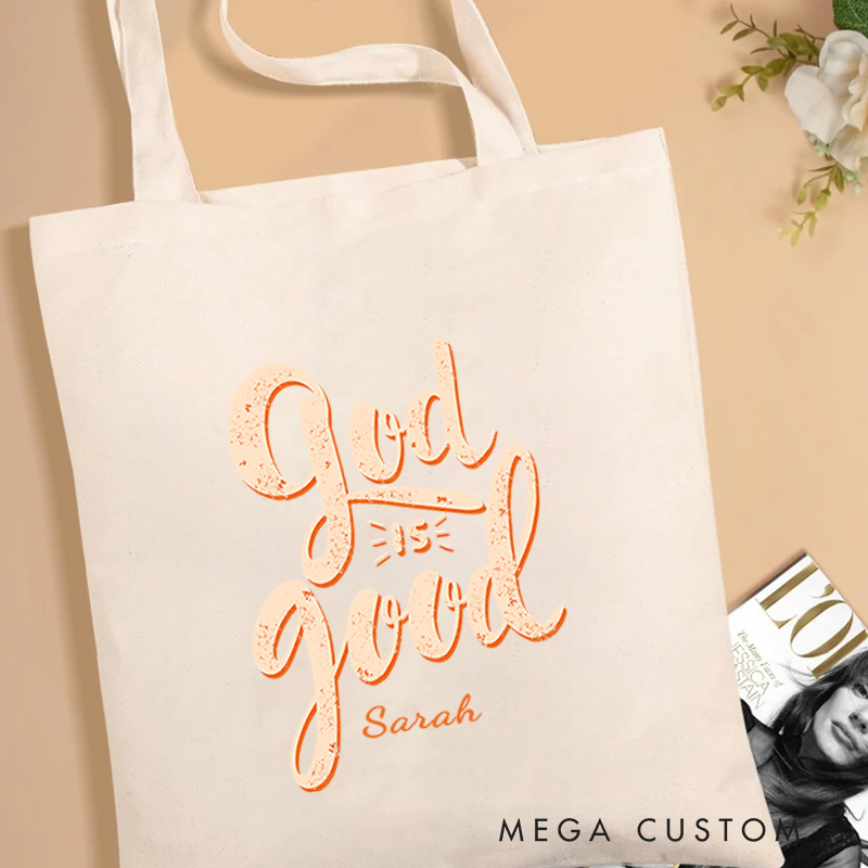 Personalized God is Good Bible Verse Canvas Tote Bag with Custom Name Christians Gift Birthday Gift Christian Travel Gift for Jesus Lover