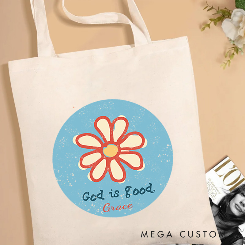 Personalized Flower God is Good Bible Verse Canvas Tote Bag with Name Inspirational Christmas Gift for Women Positive Affirmation Religious Gift