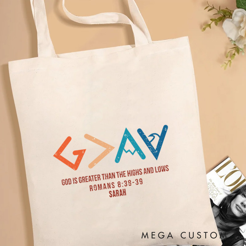 Personalized God is Greater Bible Verse Canvas Tote Bag with Name Inspirational Christmas Gift for Women Positive Affirmation Religious Gift
