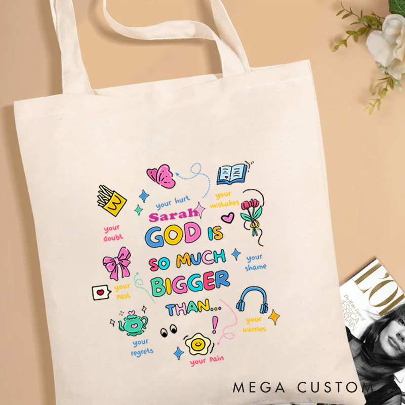 Personalized God Is Bigger Canvas Tote Bag with Custom Name Christians Gift Birthday Gift Christian Travel Gift for Jesus Lover 