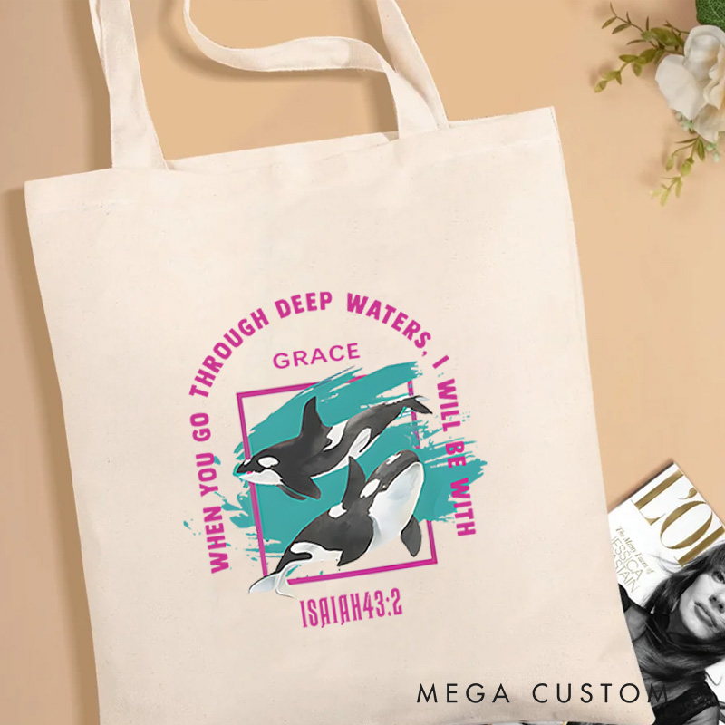 Personalized When You Go Through Deep Waters Canvas Tote Bag with Custom Name Christians Gift Birthday Gift Christian Travel Gift for Jesus Lover 