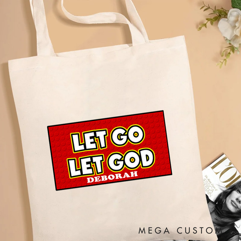 Personalized Let Go Let God Bible Verse Canvas Tote Bag with Name Inspirational Christmas Gift for Women Positive Affirmation Religious Gift