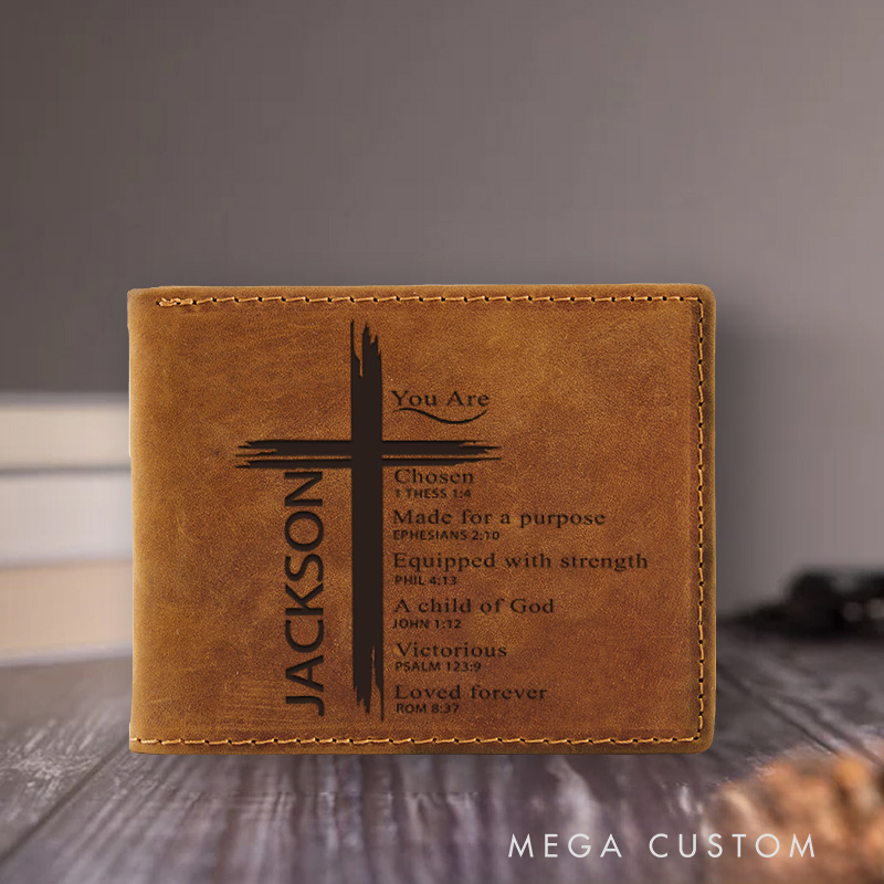 Personalized You Are Chosen Cross Leather Bifold Wallet with Multi Pocket Confirmation Gift Birthday Gift for Christians