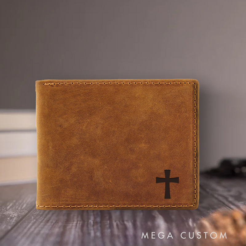 Personalized Cross Leather Bifold Wallet with Multi Pocket Birthday Gift for Christians Confirmation Gift 