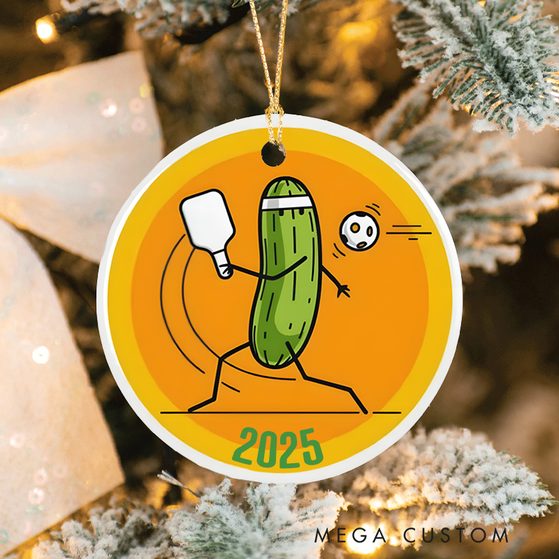 Personalized Pickleball Christmas Ornament with Cute Pickle Character and Custom Year Design