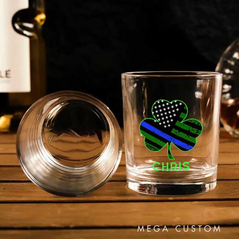 Personalized Policeman Whiskey Glass Thin Blue Line Shamrock Design Gift for Police Officer