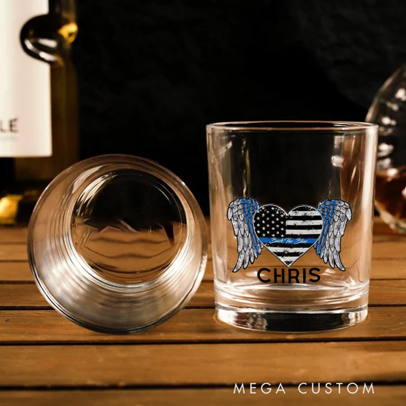 Personalized Policeman Whiskey Glass Thin Blue Line Heart with Wings Design Gift for Police Officer