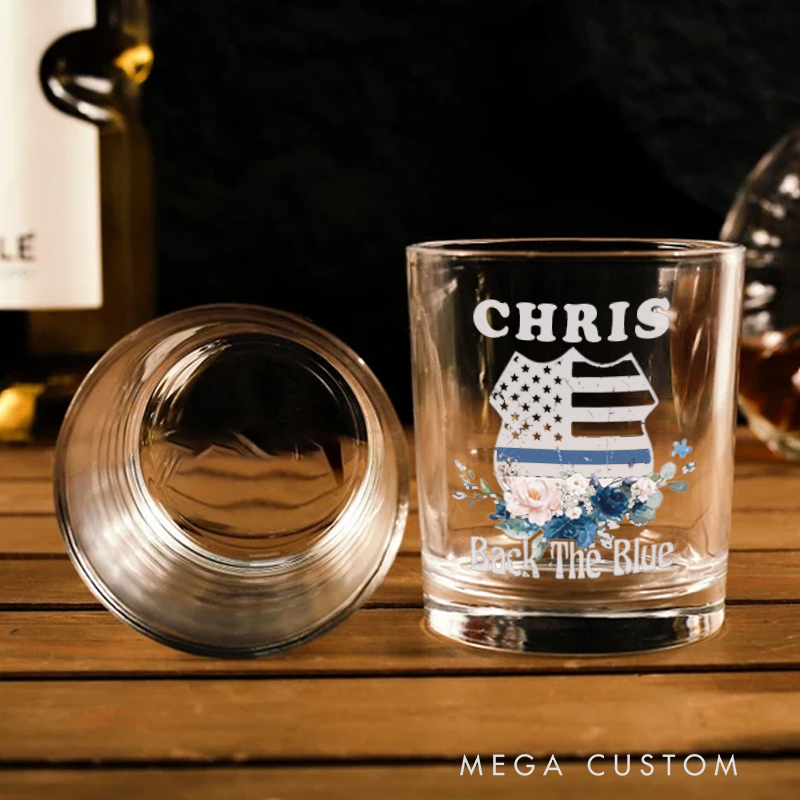 Personalized Policeman Whiskey Glass "Back the Blue" Floral Design Gift for Police Officer