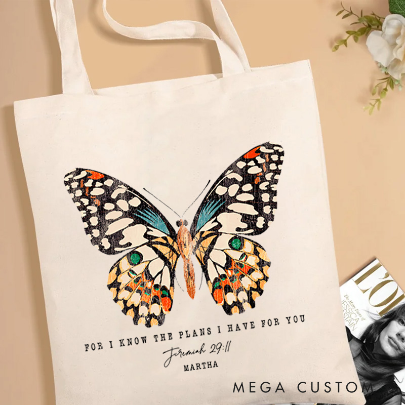 Personalized for I Know the Plans I Have for You Canvas Tote Bag with Name Christian Jeremiah 29:11 Bible Verse Bag Butterfly Bag Christian Gift