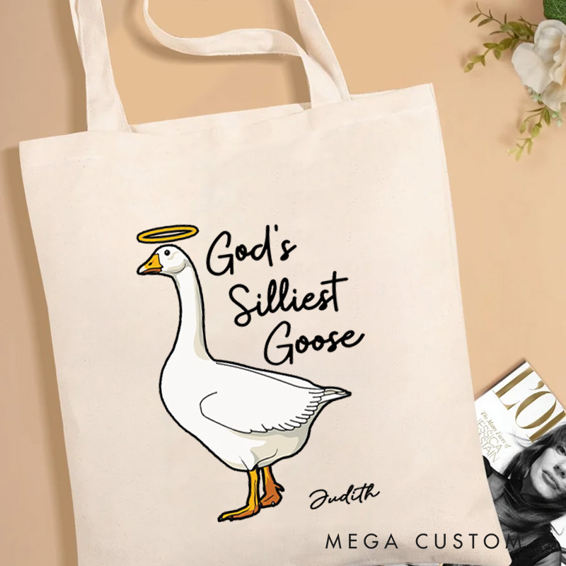 Personalized God's Silliest Goose Christian Canvas Tote Bag with Name Funny Goose Bag Faith Gift Religious Gift Christian Gift for Jesus Lover 