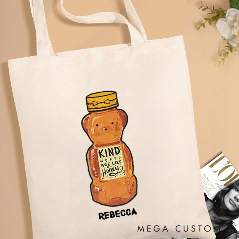 Personalized Kind Words are Like Honey Canvas Tote Bag with Name Christian Proverbs 16:24 Bible Verse Bag Funny Honey Bear Bottle Bag Christian Gift