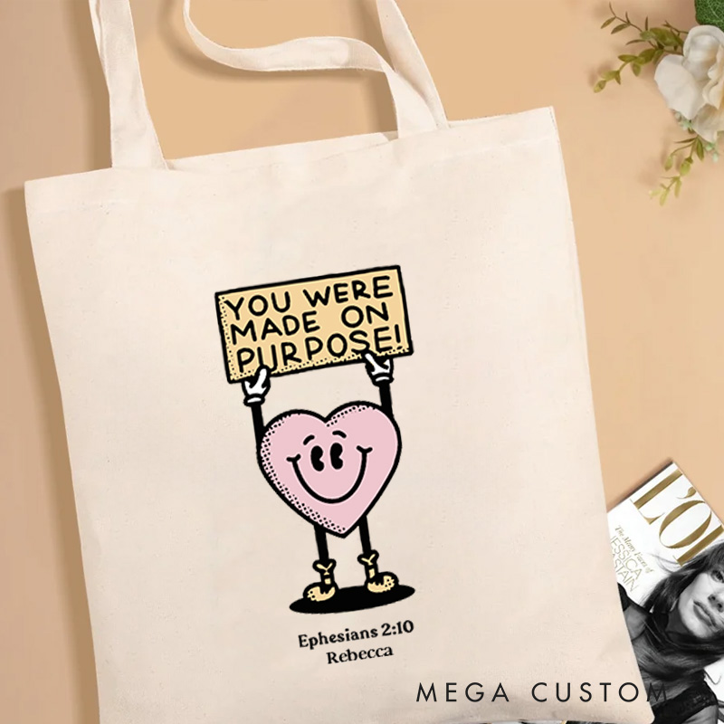 Personalized You Were Made On Purpose Canvas Tote Bag with Name Christian Ephesians 2:10 Bible Verse Bag Cute Heart Character Bag Christian Gift