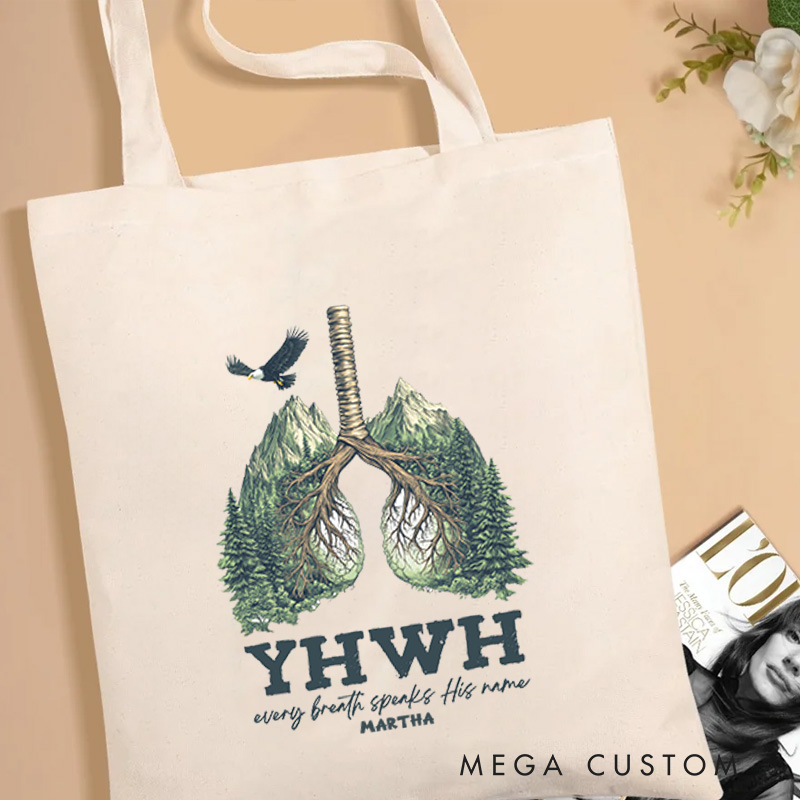 Personalized YHWH Christian Canvas Tote Bag with Name Every Breath Speaks His Name Lung and Forest Bag Jesus Gift Christian Gift for Jesus Lover