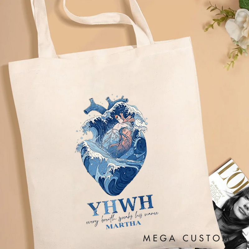 Personalized YHWH Christian Canvas Tote Bag with Name Every Breath Speaks His Name Heart and Ocean Bag Jesus Gift Christian Gift for Jesus Lover