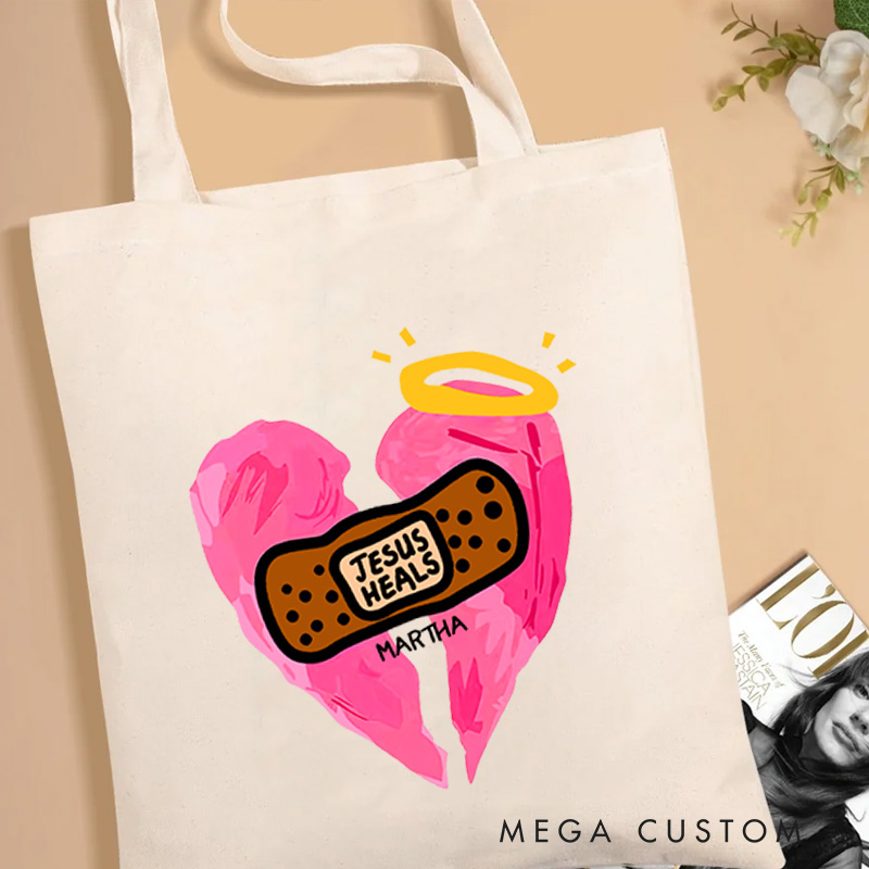 Personalized Jesus Heals Christian Canvas Tote Bag with Name Broken Heart Bandage Bag Jesus Gift Religious Gift Christian Gift for Jesus Lover