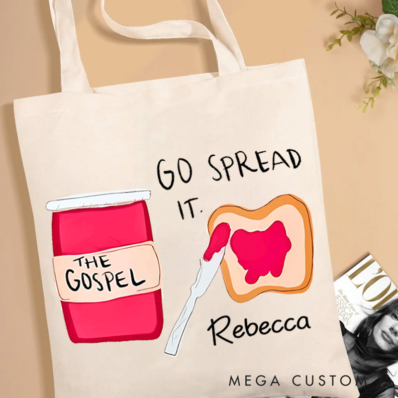Personalized Go Spread it Christian Canvas Tote Bag with Name the Gospel Bag Humor Faith Gift Religious Gift Christian Gift for Jesus Lover
