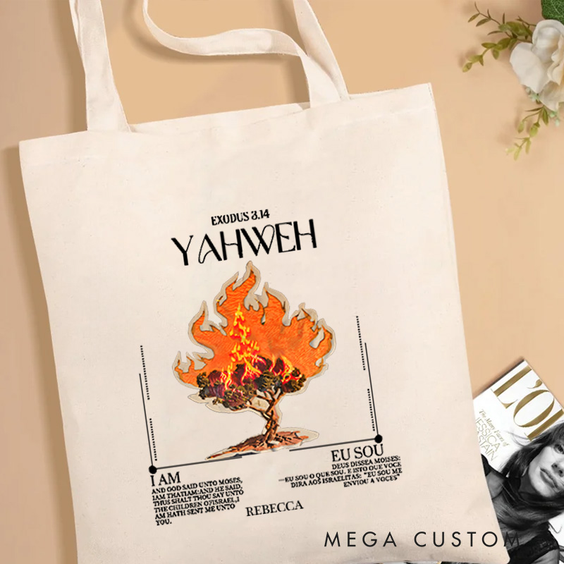 Personalized Yahweh Canvas Tote Bag with Name I am Who I am Christian Exodus 3:14 Bible Verse Bag Burning Bush Bag Christian Gift for Jesus Lover