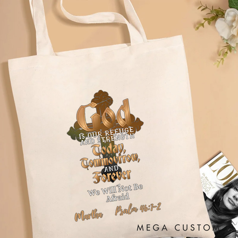 Personalized God is Our Refuge Canvas Tote Bag with Name Christian Psalm 46:1-2 Bible Verse Bag Faith Gift Religious Christian Gift for Jesus Lovers