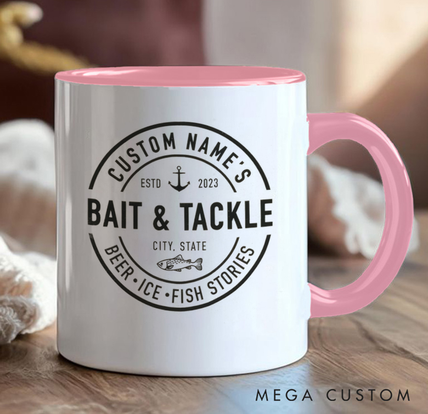 Personalized Bait & Tackle Mug Fishing Design with Name & Location for Fishing Lover