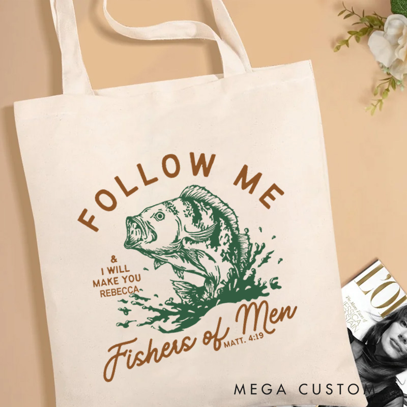 Personalized Follow Me I Will Make You Fishers of Men Canvas Tote Bag with Name Christian Matthew 4:19 Bible Verse Bag Faith Gift for Jesus Lover