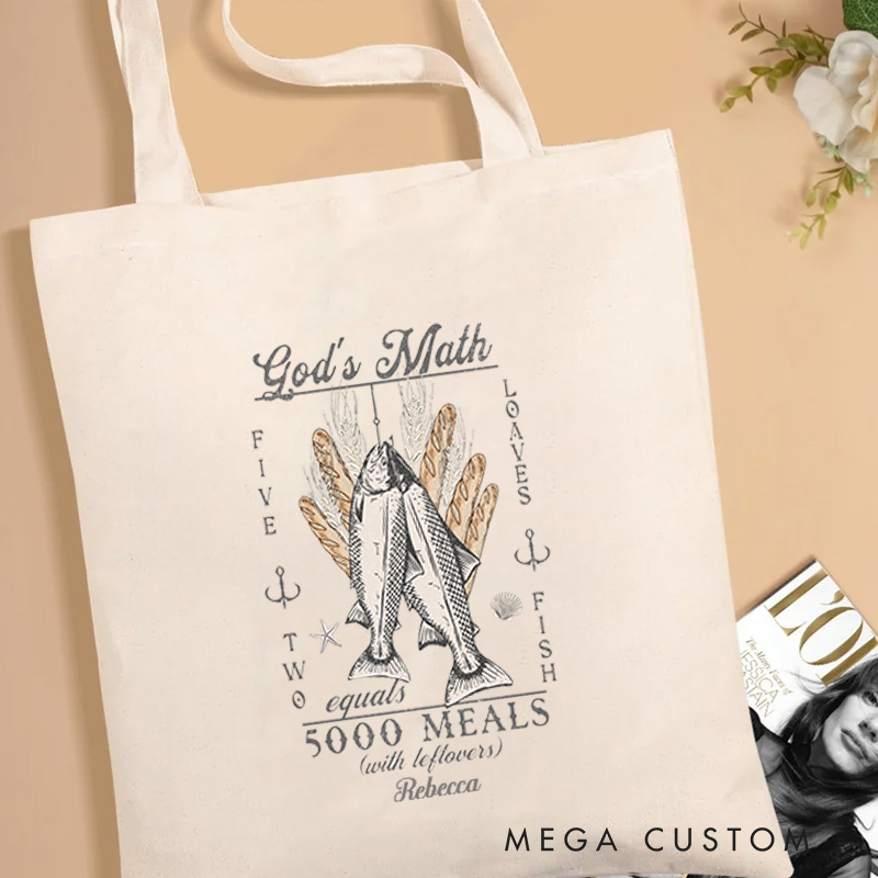 Personalized God’s Math Christian Canvas Tote Bag with Name Jesus Feeds the 5000 Bag Christ Miracles Bag Fishermen Faith Gift for Jesus Lovers