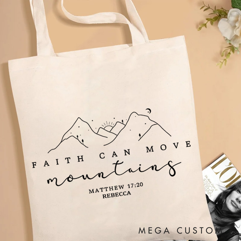Personalized Faith Can Move Mountains Canvas Tote Bag with Name Christian Matthew 17:20 Religious Gift Christian Gift Faith Based Gift