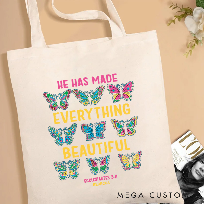 Personalized He Has Made Everything Beautiful Canvas Tote Bag with Name Christian Ecclesiastes 3:11 Bible Verse Bag Butterflies Bag Faith Based Gift