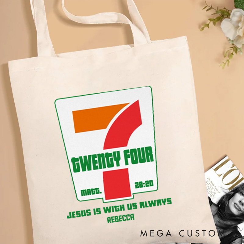 Personalized Jesus is with Us Always Canvas Tote Bag with Name Christian Matthew 28:20 Bible Verse Bag Christian Gift Faith Gift for Jesus Lover