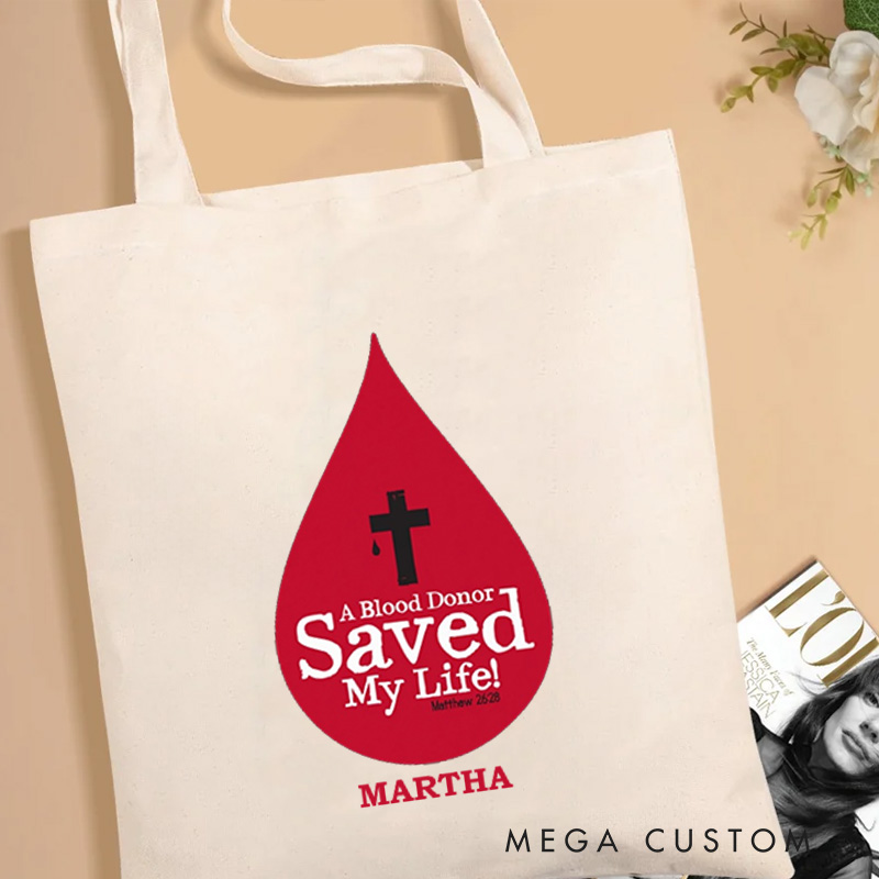 Personalized A Blood Donor Saved My Life Canvas Tote Bag with Name Christian Matthew 26:28 Bible Verse Bag Christian Cross Gift for Jesus Lover
