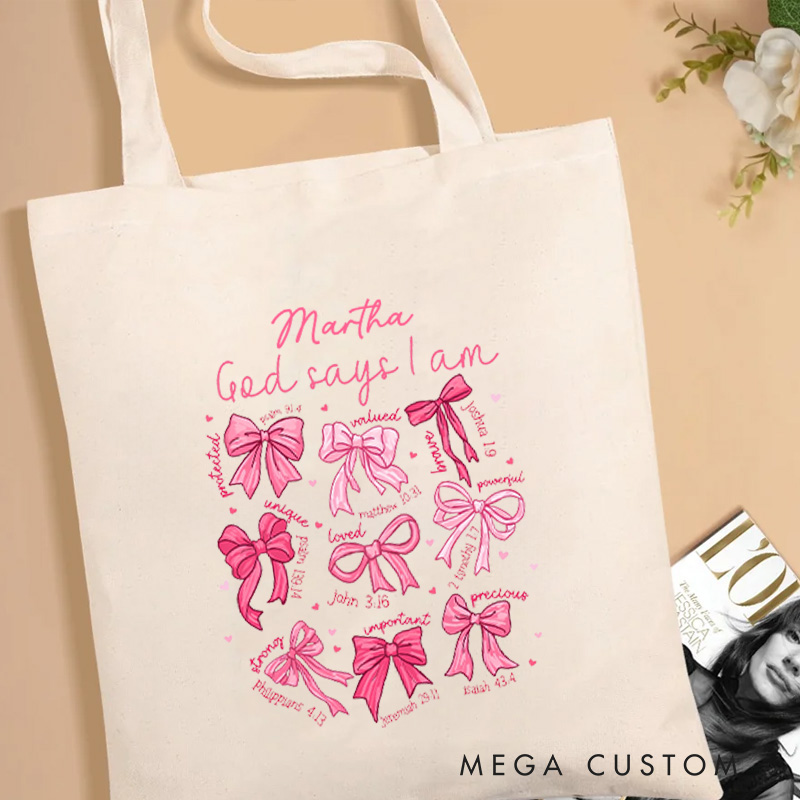 Personalized God Says I am Christian Canvas Tote Bag with Name Pink Coquette Bow Bag Bible Verse Bag Faith Based Gift Christian Gift for Jesus Lovers