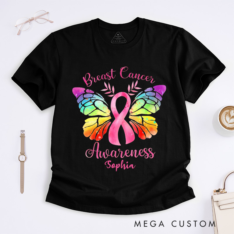 Personalized Pink Ribbon Butterfly Breast Cancer T-Shirt Survivor Ribbon Gift