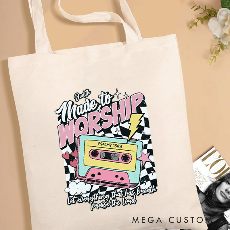 Personalized Made to Worship Canvas Tote Bag with Name Christian Psalm 150:6 Bible Verse Bag Retro Cassette Tape Bag Christian Gift Faith Based Gift