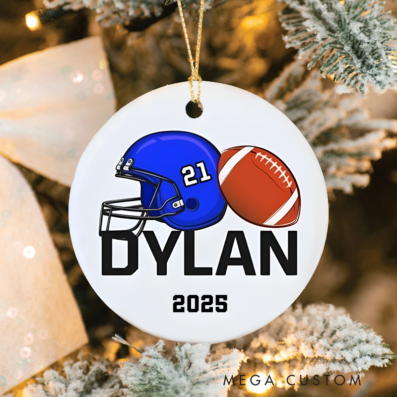 Personalized Football Christmas Ornament with Custom Name Year Blue Helmet Football Design Perfect for Athletes Holiday Decorations or Gifts
