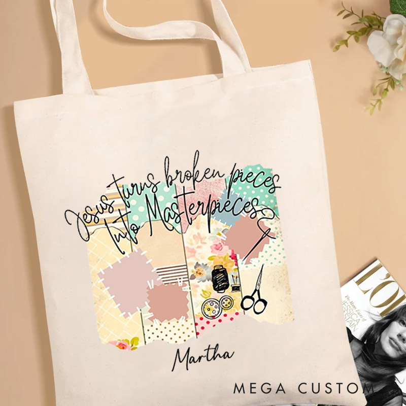 Personalized Jesus Turu's Broken Pieces into Masterpieces Christian Canvas Tote Bag with Name Christian Gift for Belivies Gift for Jesus Lovers