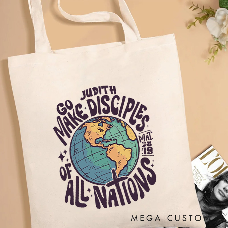 Personalized Go Make Disciples of All Nations Canvas Tote Bag with Name Christian Matthew 28:19 Bible Verse Bag Globe Bag Religious Christian Gift