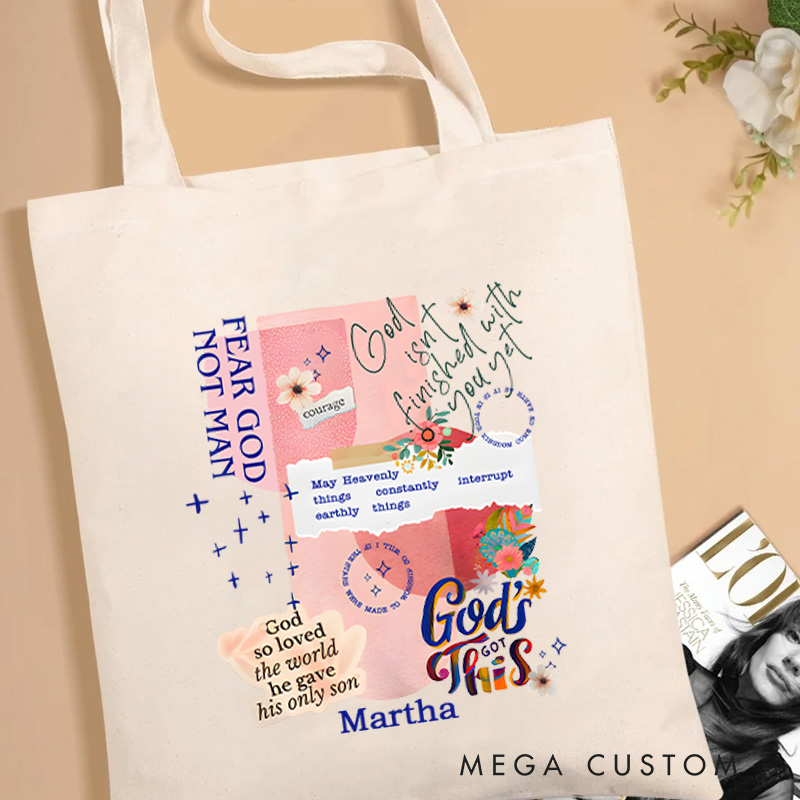 Personalized God isn't Finished with Me Christian Canvas Tote Bag with Name Retro Floral Resurrection Collage Bag Christian Gift for Jesus Lovers
