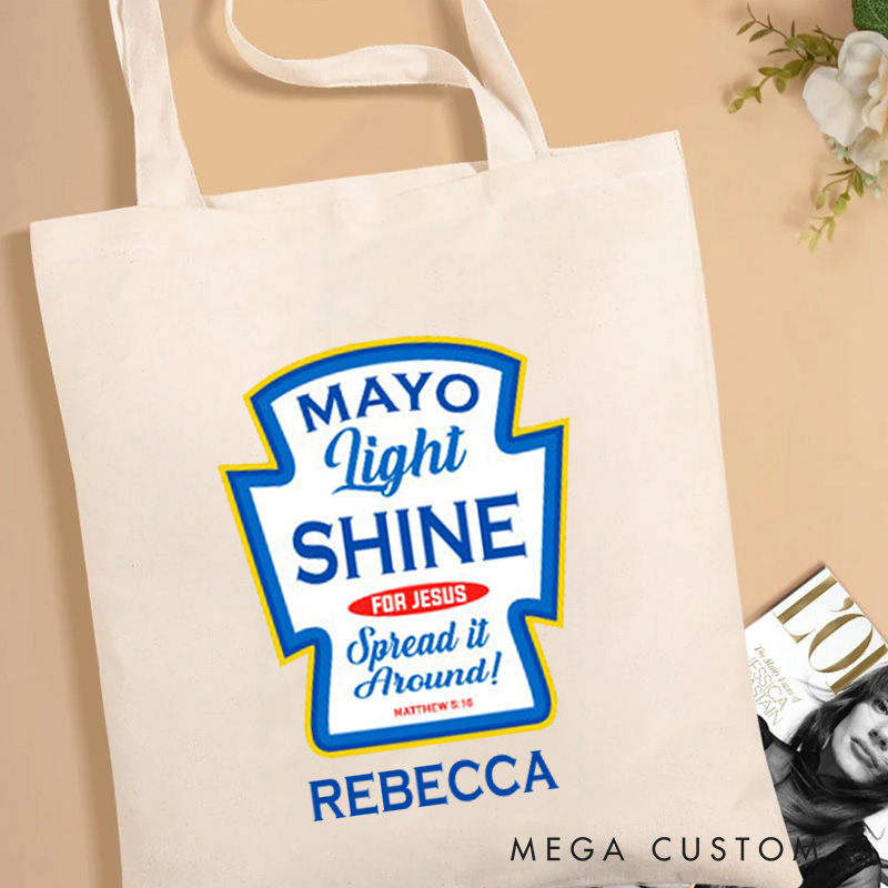 Personalized Mayo Light Shine for Jesus Canvas Tote Bag with Name Christian Matthew 5:16 Bible Verse Bag Jesus Bag Christian Gift for Jesus Lover