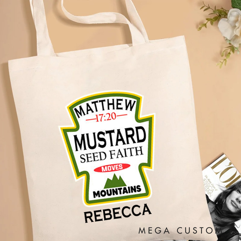 Personalized Mustard Seed Faith Moves Mountains Canvas Tote Bag with Name Christian Matthew 17:20 Bible Verse Bag Faith Bag Religious Christian Gift