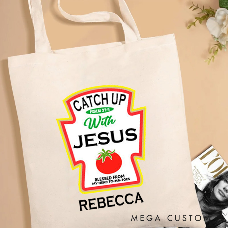 Personalized Catch Up with Jesus Canvas Tote Bag with Name Christian Matthew 37:4 Bible Verse Bag Fun Tomato Jesus Bag Christian Gift for Jesus Lover