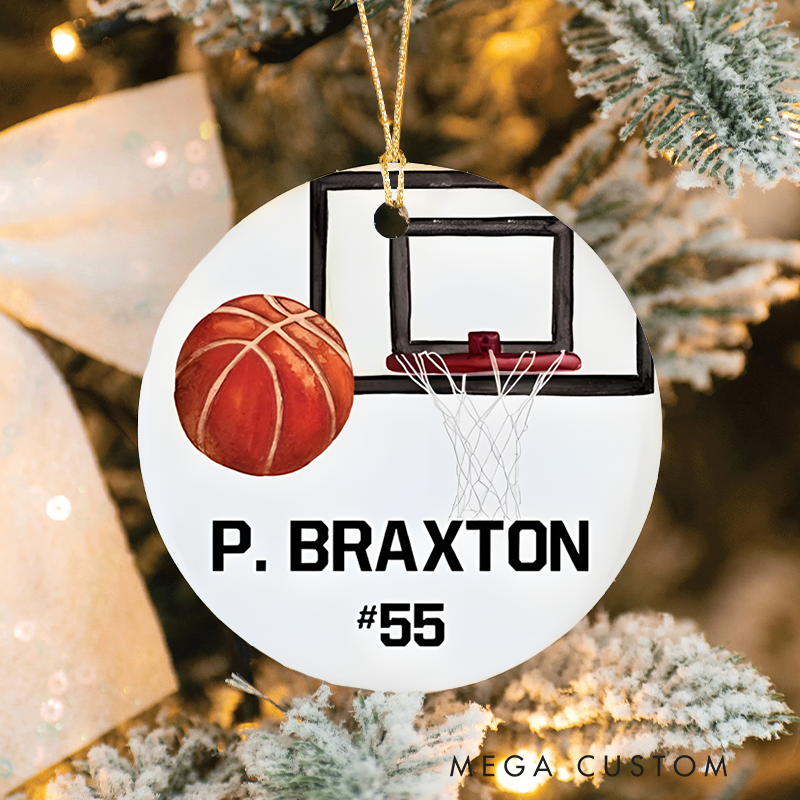 Personalized Basketball Christmas Ornament with Custom Name Number and Hoop Design Perfect for Athletes and Sports Fans